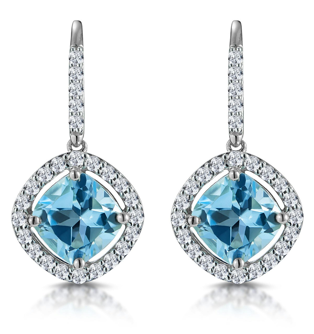 2.5ct Blue Topaz and Diamond Halo Asteria Earrings 18K White Gold