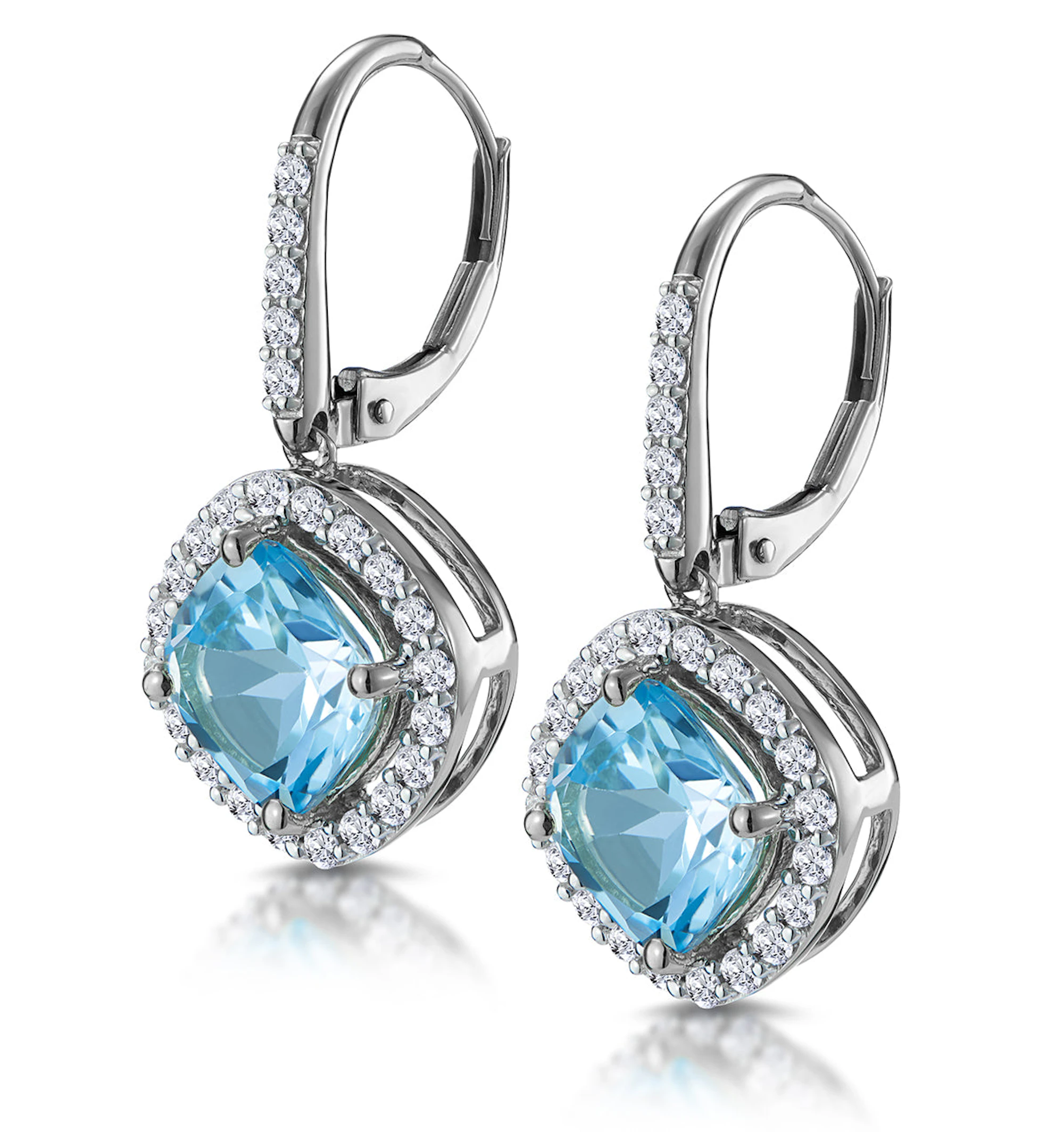2.5ct Blue Topaz and Diamond Halo Asteria Earrings 18K White Gold