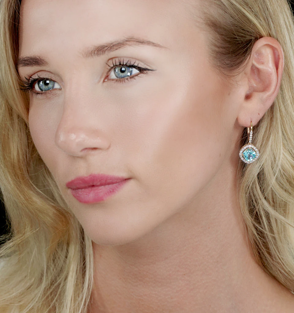 2.5ct Blue Topaz and Diamond Halo Earrings 18K Gold Asteria Collection