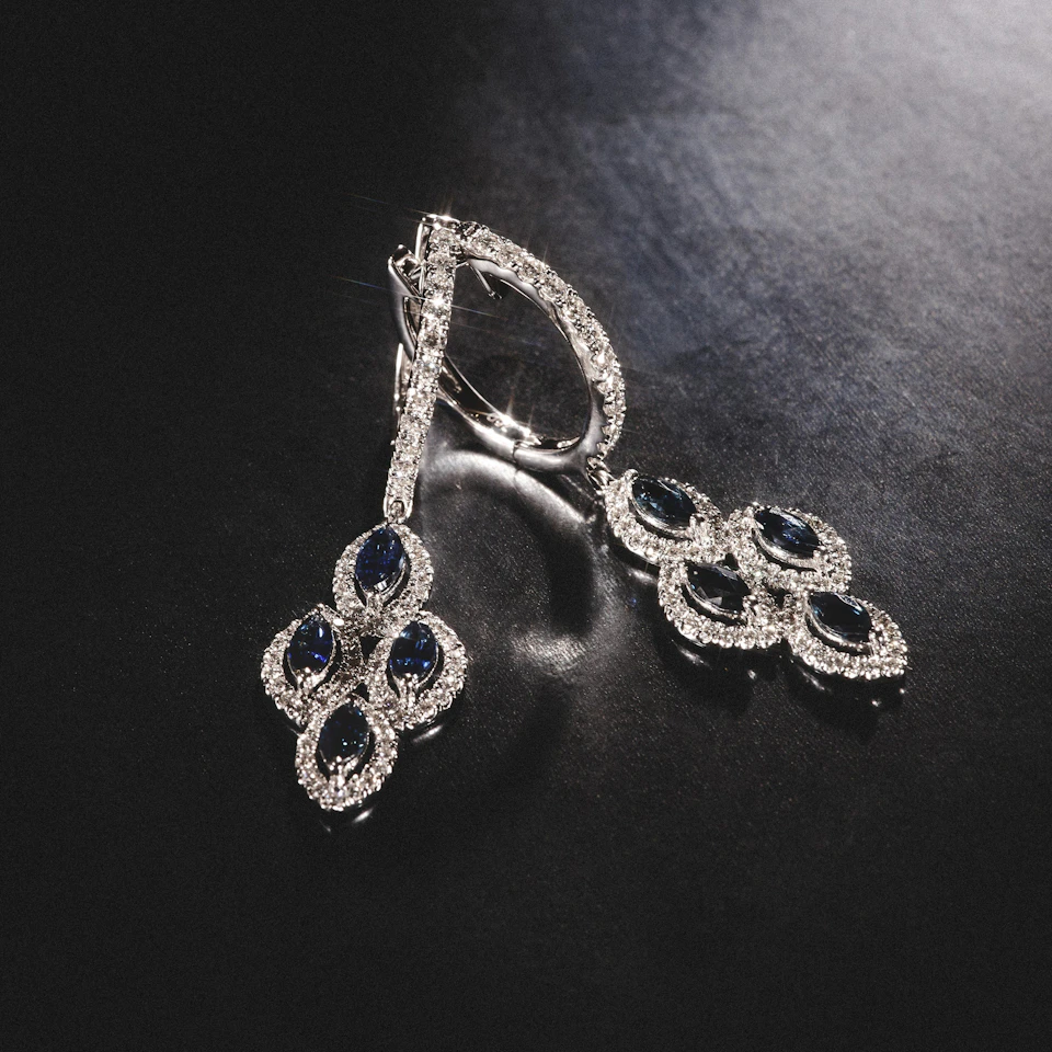 1.45ct Sapphire Asteria Diamond Drop Earrings in 18K White Gold