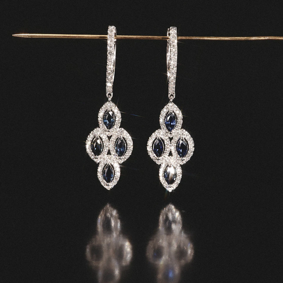 1.45ct Sapphire Asteria Diamond Drop Earrings in 18K White Gold