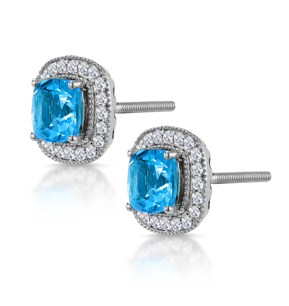 3ct Blue Topaz Asteria Diamond Halo Earrings in 18K White Gold
