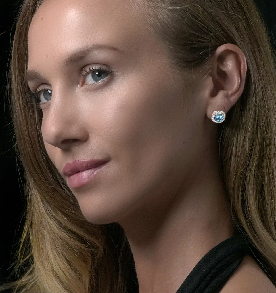 3ct Blue Topaz Asteria Diamond Halo Earrings in 18K White Gold