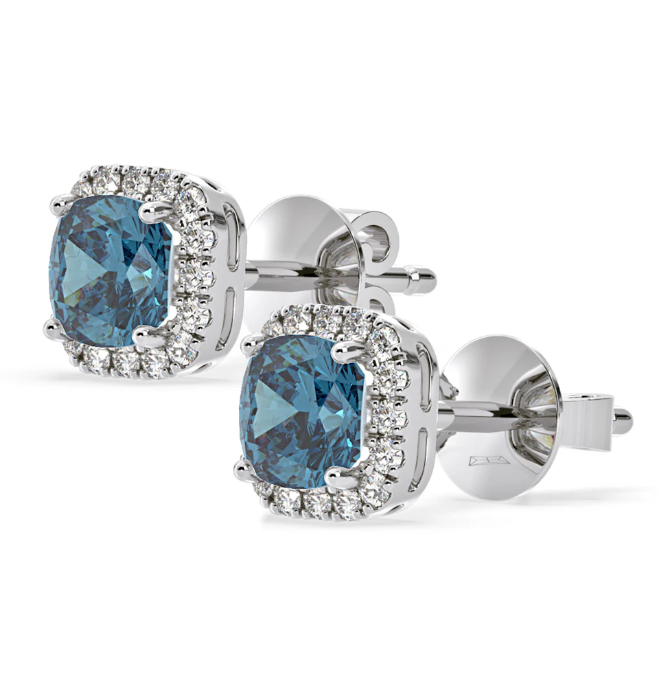 Beatrice Blue Lab Diamond Cushion Cut 2.45ct Halo Earrings in 18K White Gold - Elara Collection