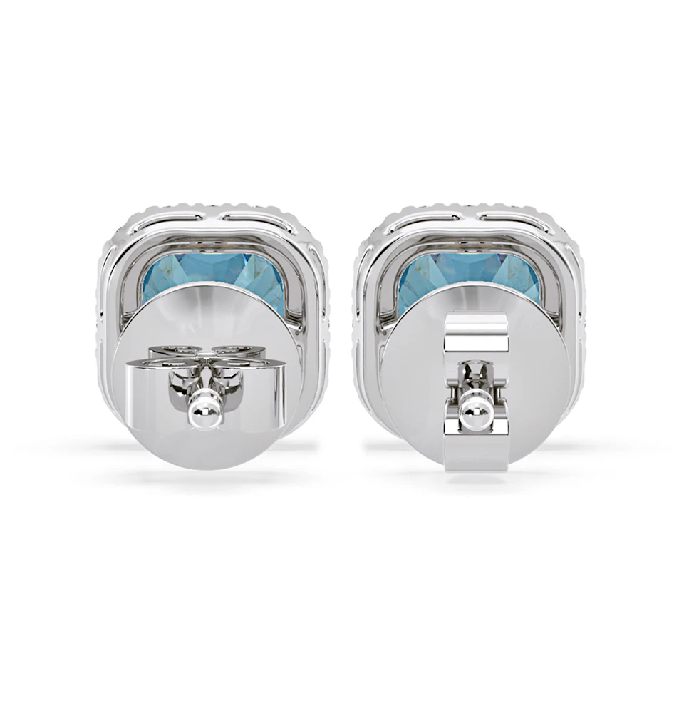 Beatrice Blue Lab Diamond Cushion Cut 2.45ct Halo Earrings in 18K White Gold - Elara Collection