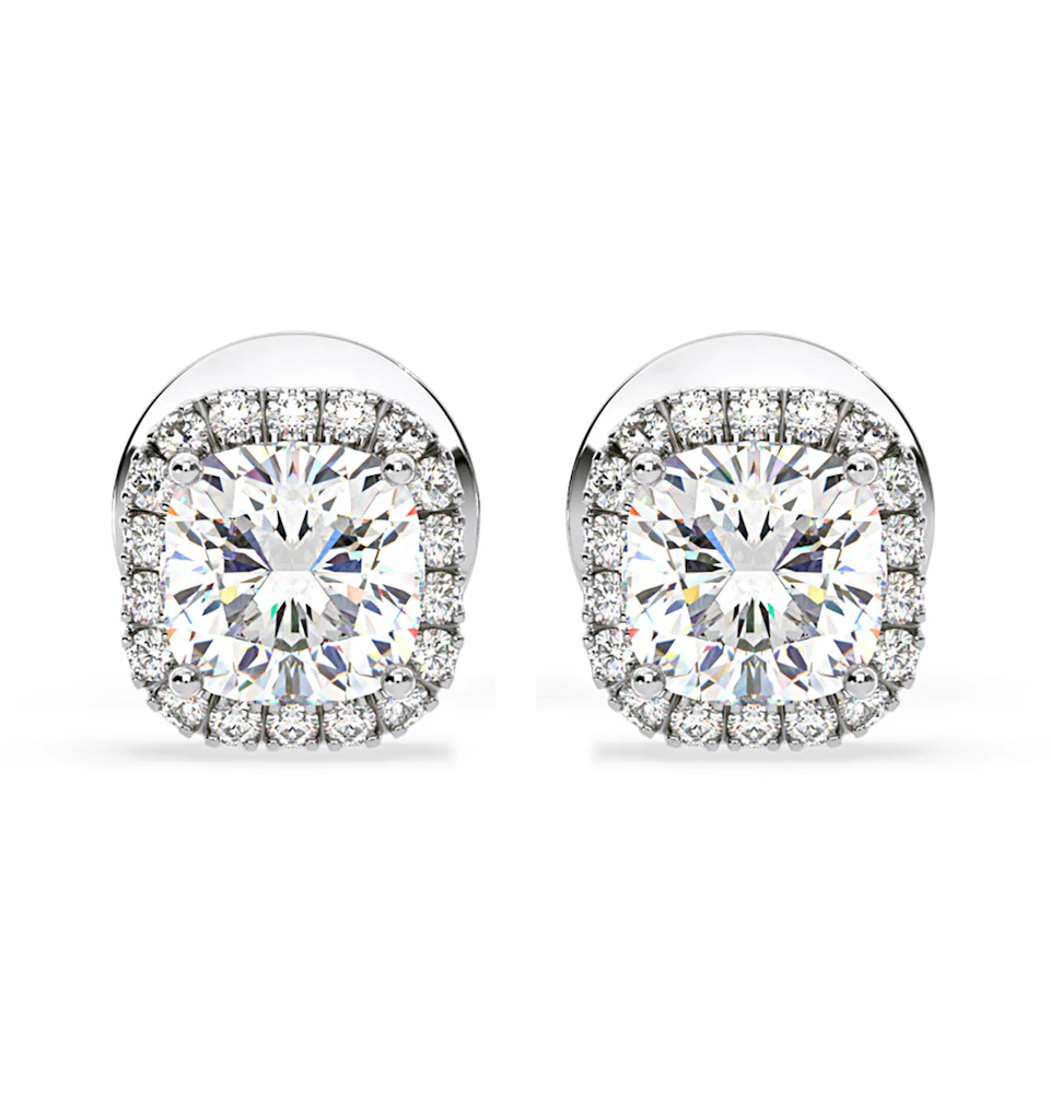 Beatrice Cushion Cut Lab Diamond Halo Earrings 1.30ct in 18K White Gold F/VS1