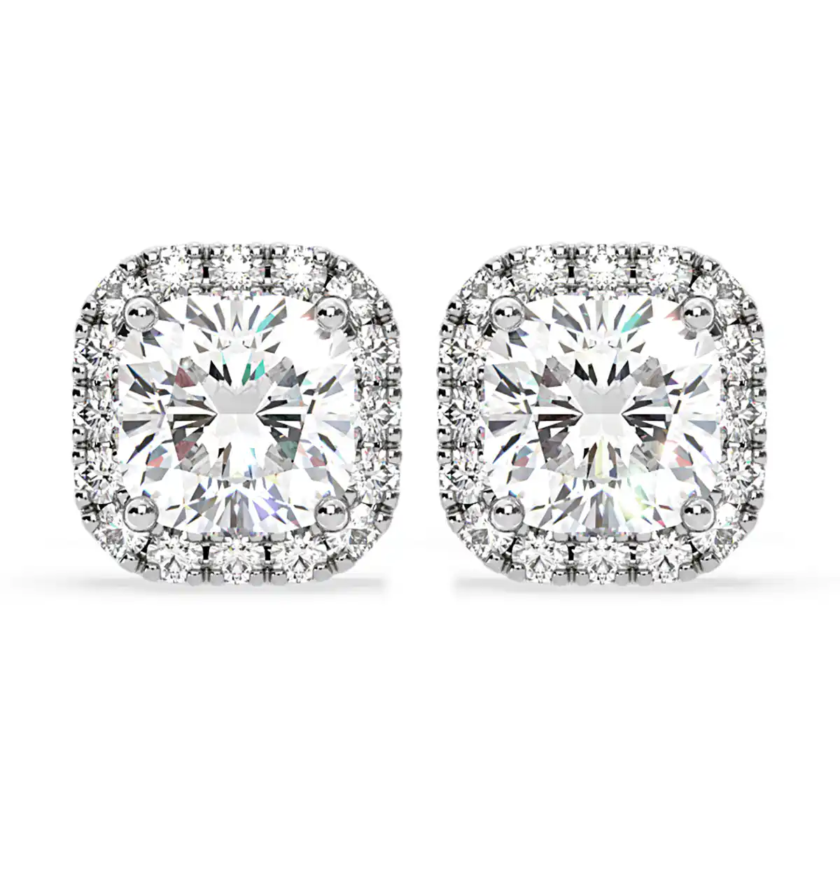 Beatrice Cushion Cut Lab Diamond Halo Earrings 2.45ct in 18K White Gold F/VS1