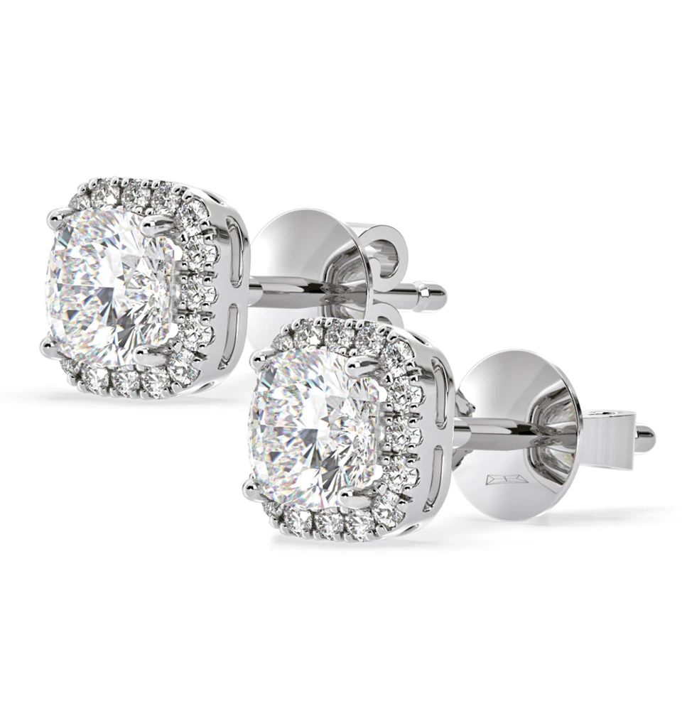 Beatrice Cushion Cut Lab Diamond Halo Earrings 2.45ct in 18K White Gold F/VS1