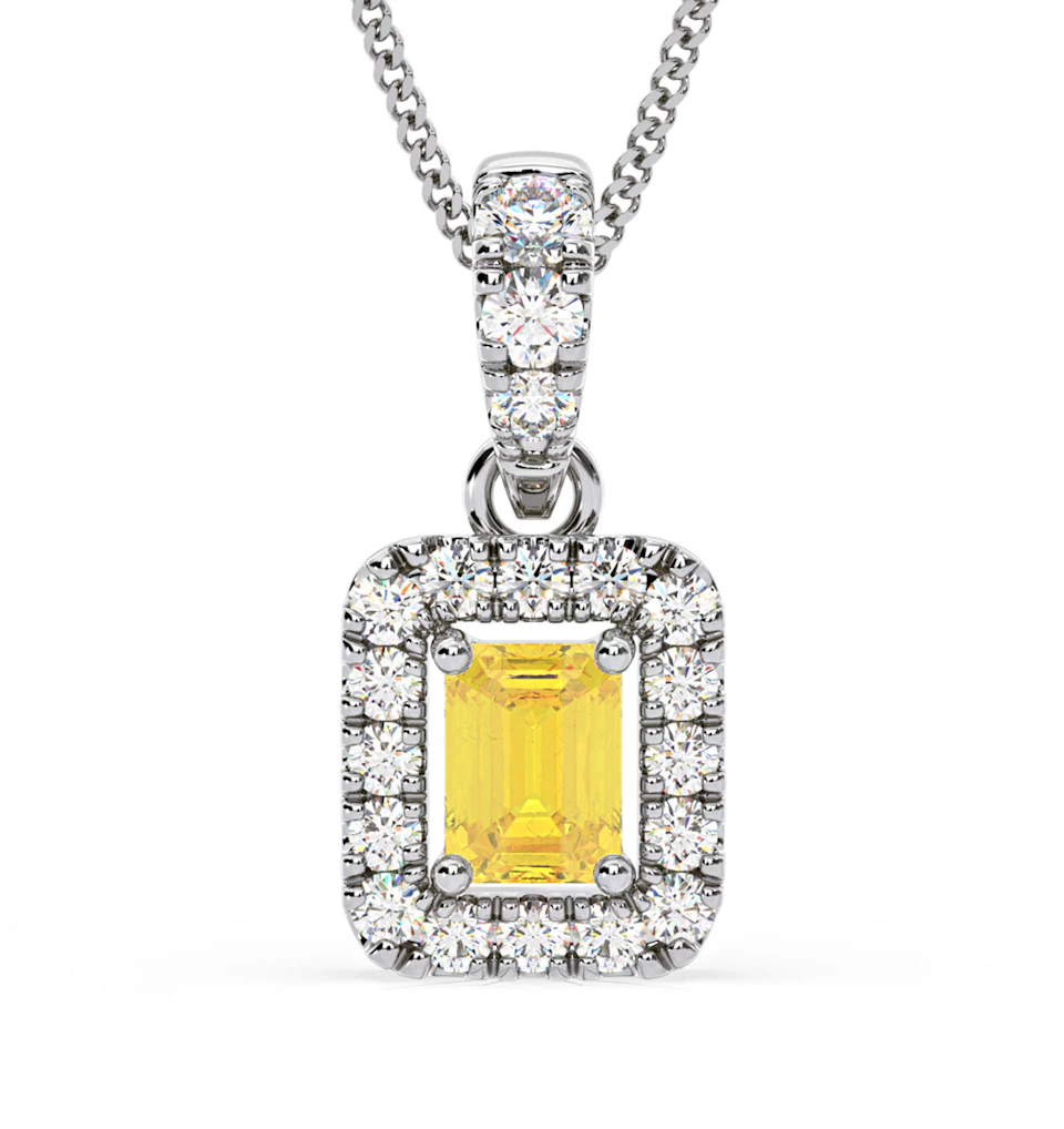 Annabelle Yellow Lab Diamond Emerald Cut Halo Necklace 0.70ct in 18K White Gold - Elara Collection