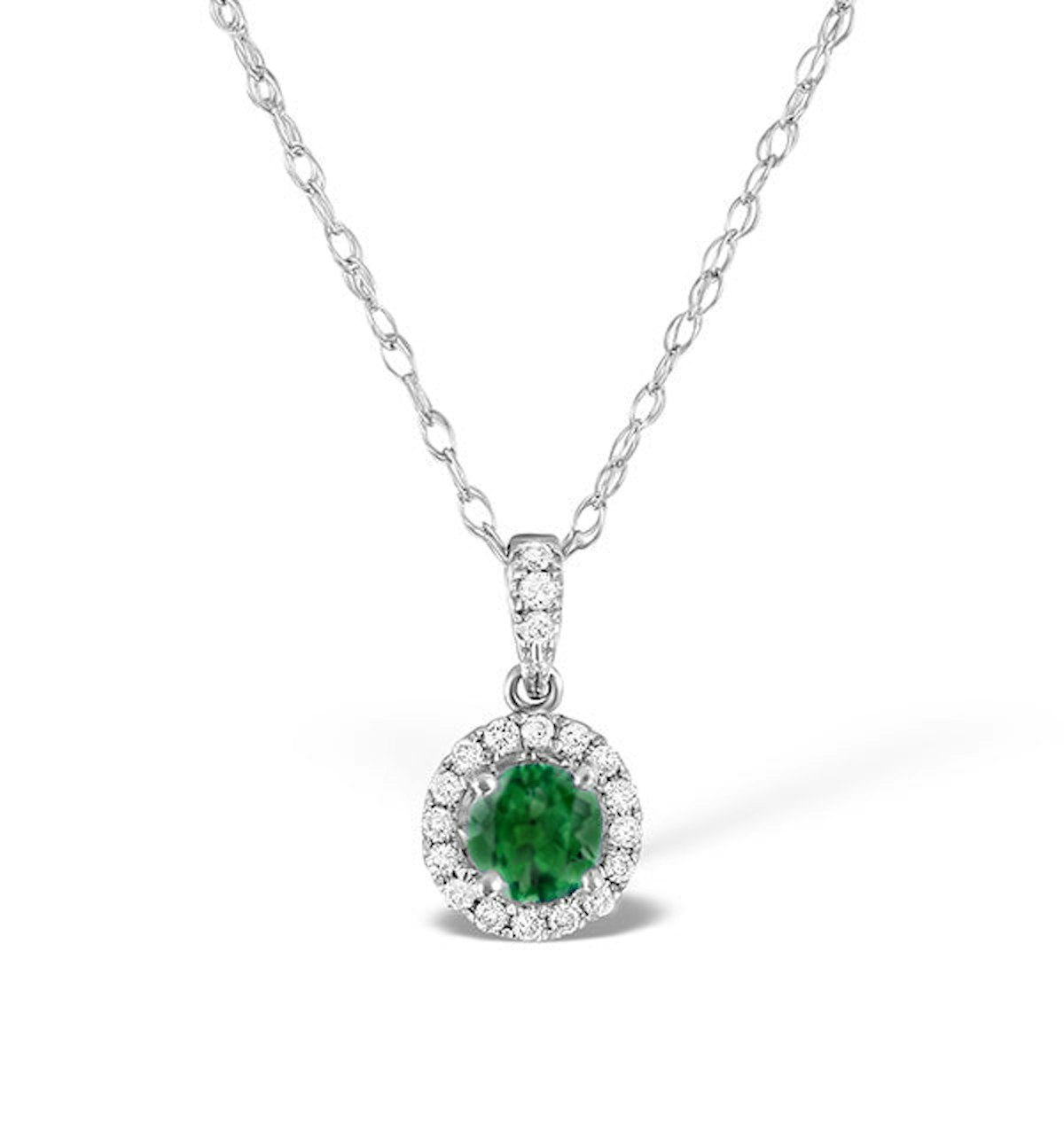 Emerald 0.50CT And Diamond Halo 18K White Gold Pendant Necklace