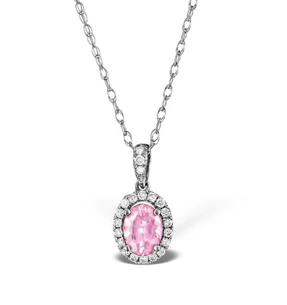 Pink Sapphire 7 X 5mm and Diamond 18K White Gold Pendant Necklace