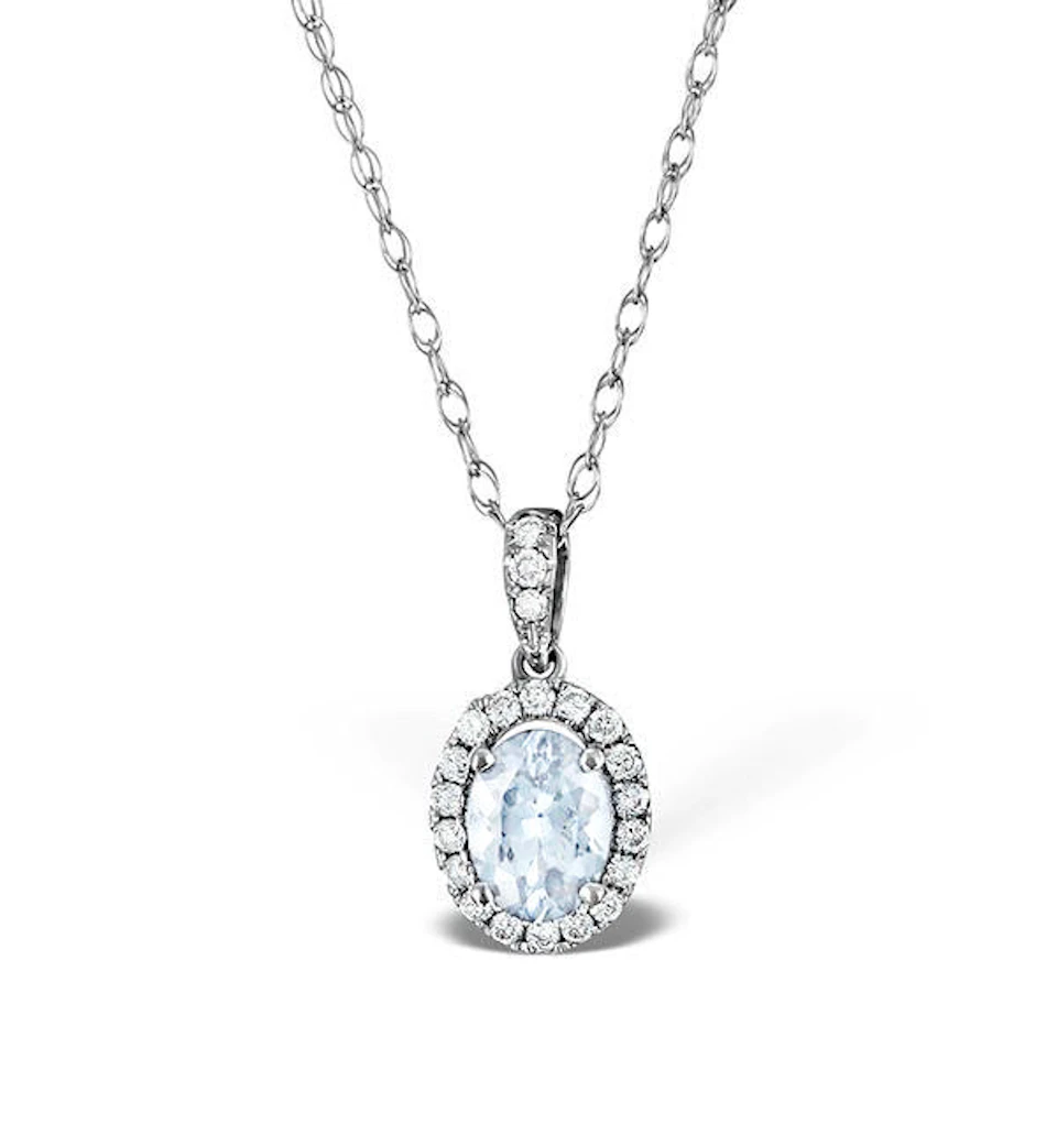 Aquamarine 7 x 5mm And Diamond 18K White Gold Pendant Necklace