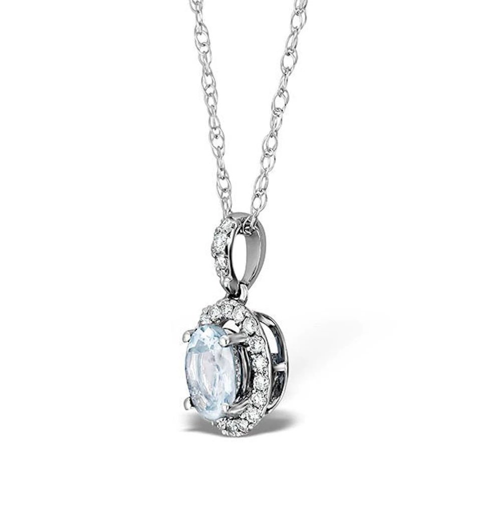 Aquamarine 7 x 5mm And Diamond 18K White Gold Pendant Necklace