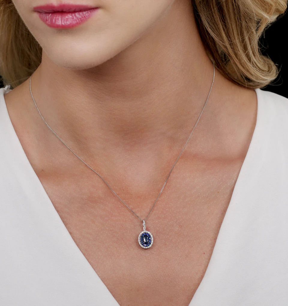 Sapphire and Lab Diamond Oval Halo Necklace 9KW Gold Asteria