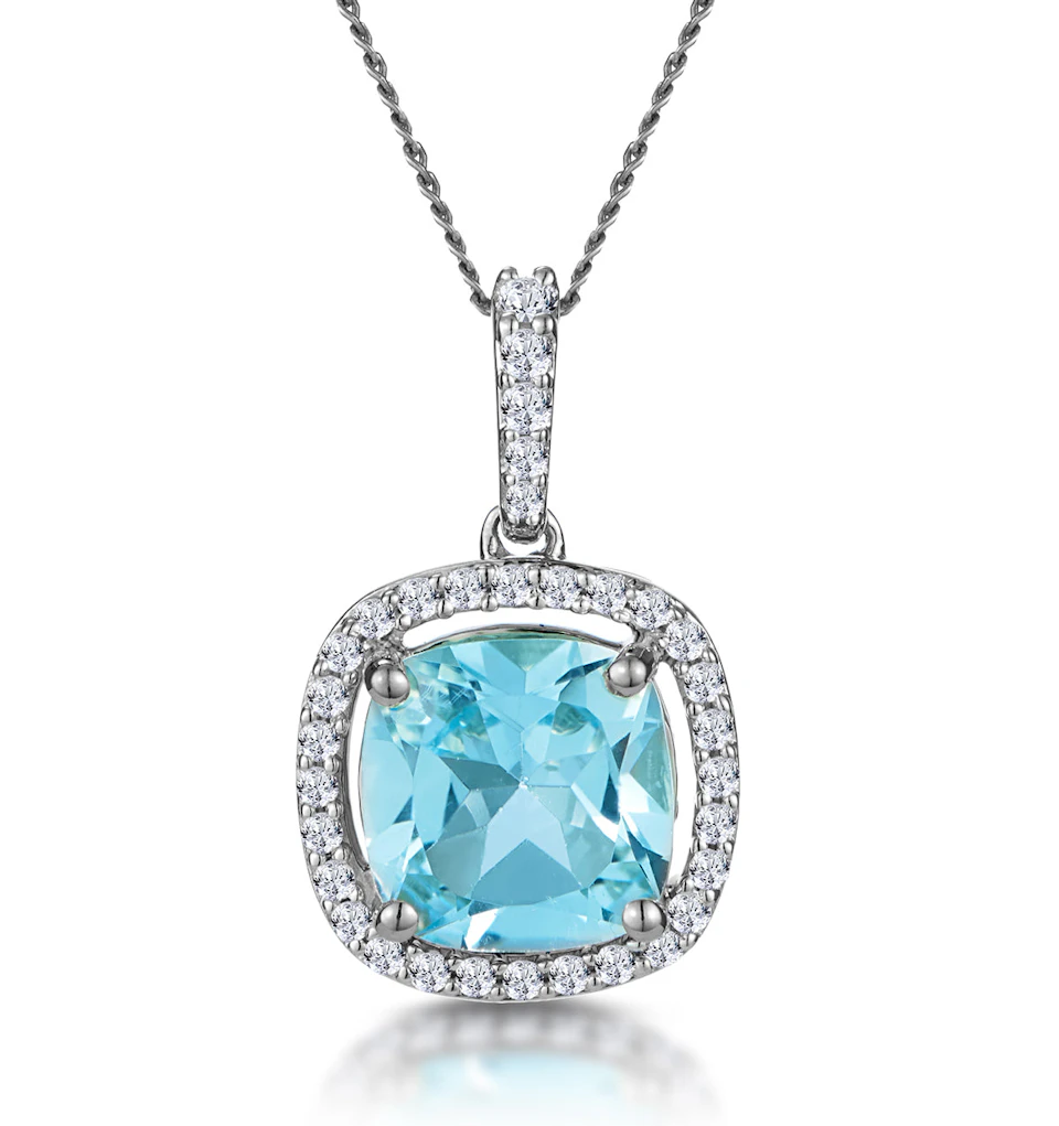 2ct Blue Topaz and Lab Diamond Halo Asteria Necklace 9KW Gold