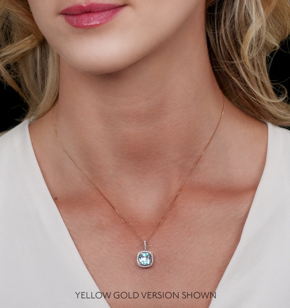 2ct Blue Topaz and Lab Diamond Halo Asteria Necklace 9KW Gold