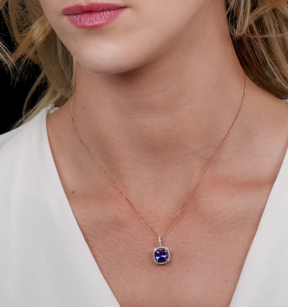2ct Tanzanite and Diamond Halo Necklace in 18K Gold Asteria Collection