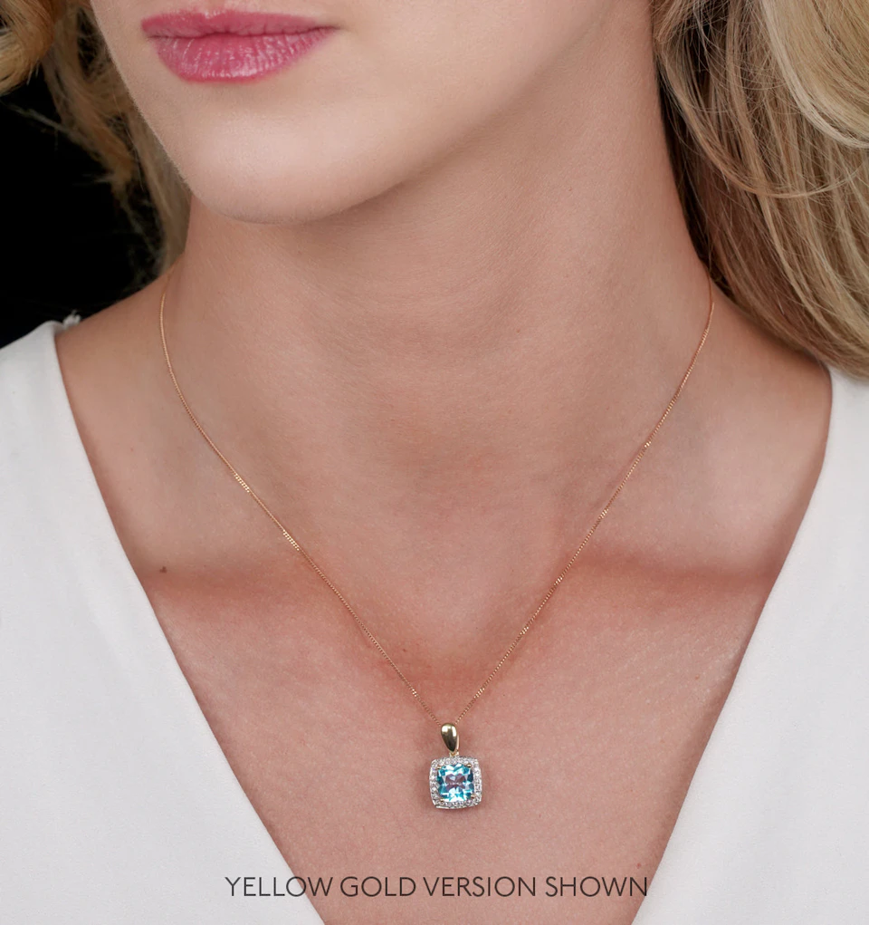 2ct Blue Topaz and Diamond Halo Square Asteria Necklace in 18KW Gold