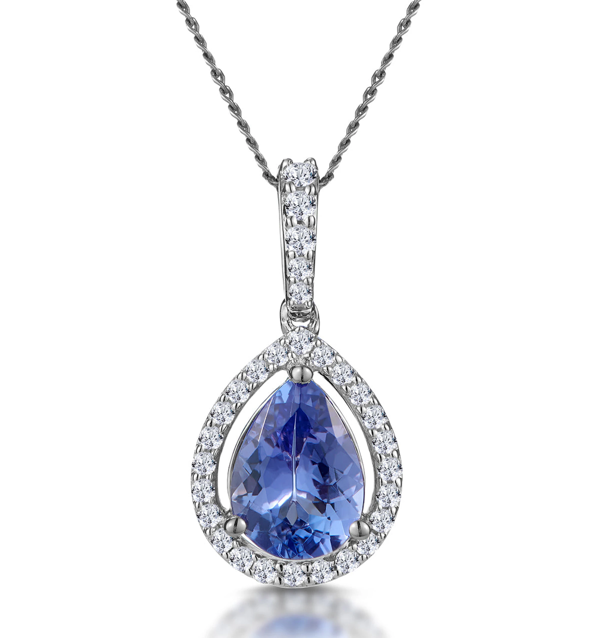 Tanzanite and Diamond Halo Pear Drop Asteria Necklace in 18KW Gold