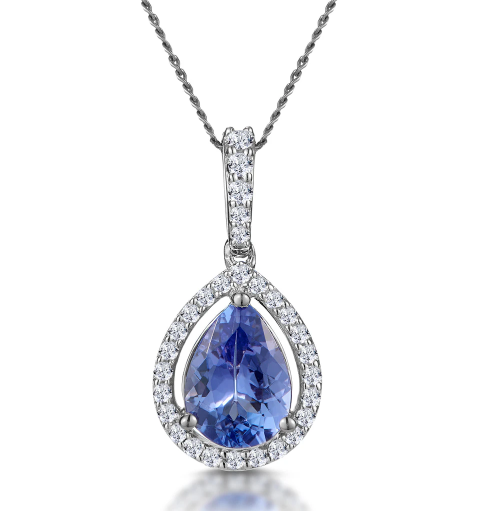 Tanzanite and Lab Diamond Halo Pear Drop Asteria Necklace in 9KW Gold