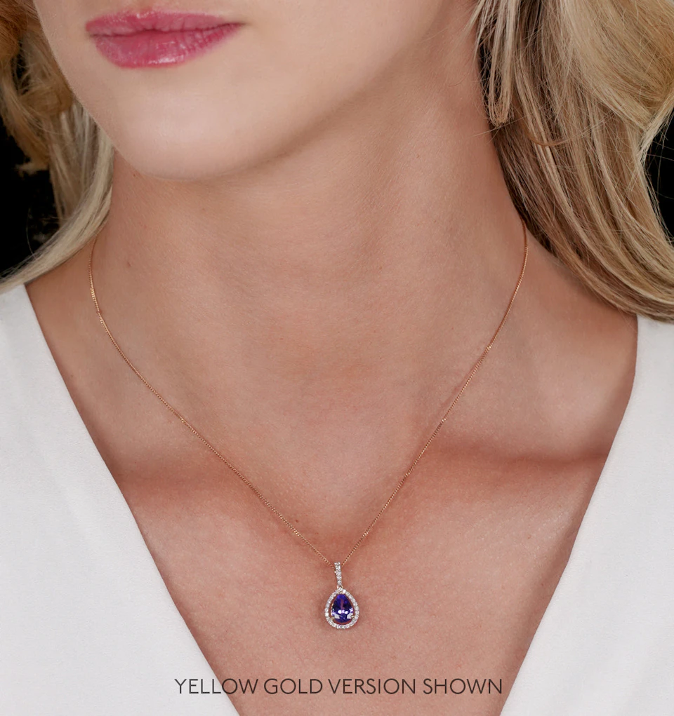 Tanzanite and Diamond Halo Pear Drop Asteria Necklace in 18KW Gold