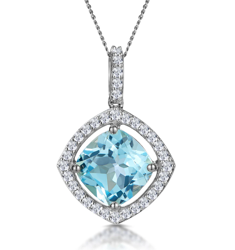 5.40ct Blue Topaz and Diamond Halo Asteria Necklace in 18K White Gold