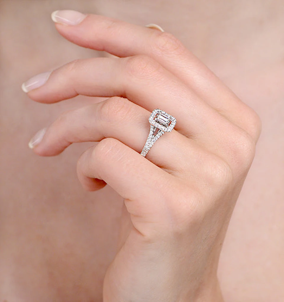 Halo Engagement Ring 0.65ct Prince Cut H/SI Diamonds 18K White Gold