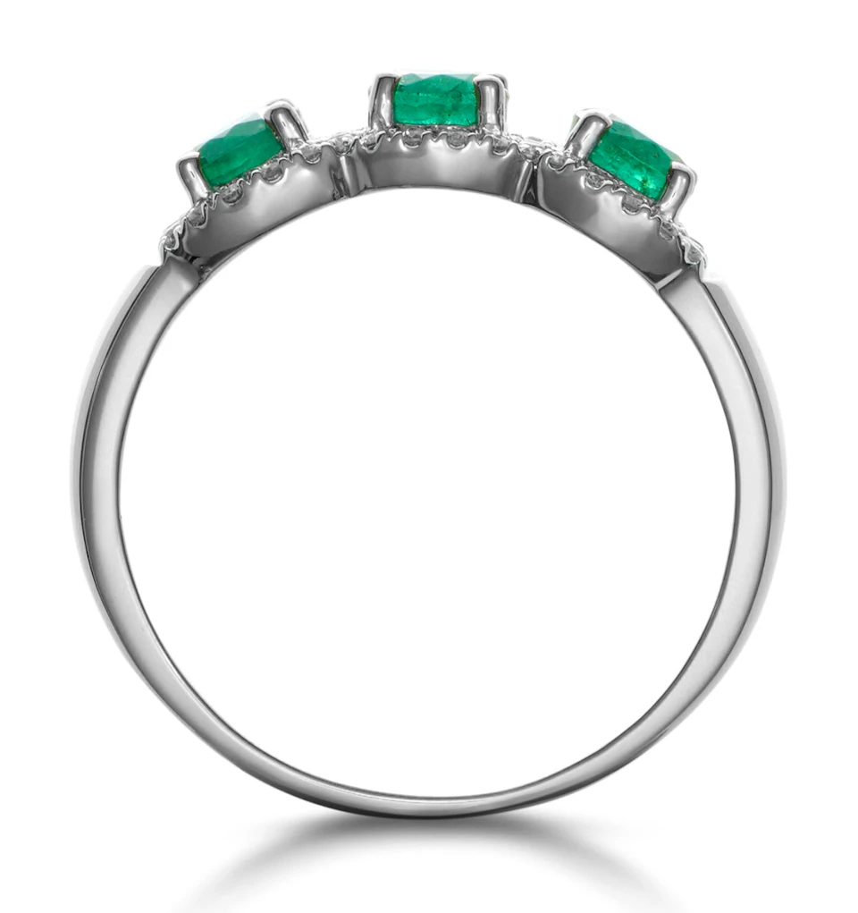 Emerald and Lab Diamond Halo Trilogy Ring in 9K White Gold - Asteria