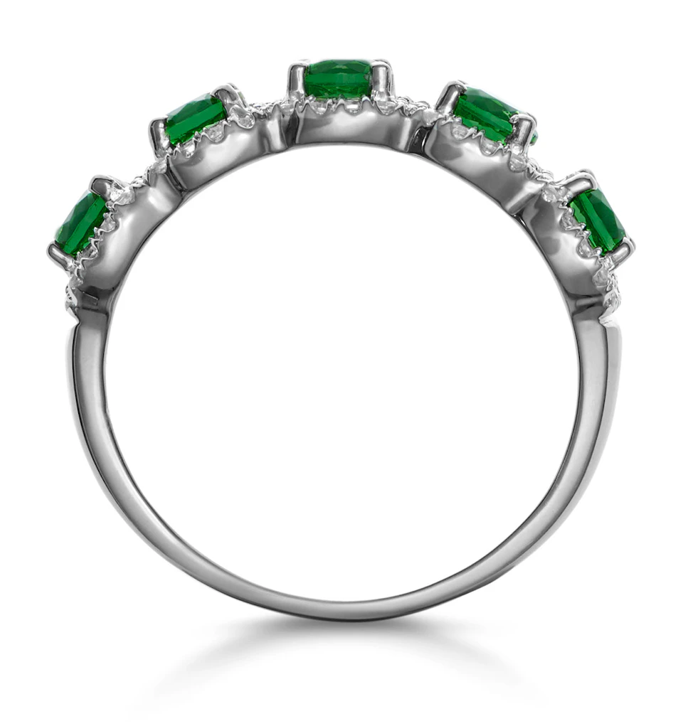 Emerald and Diamond Halo 5 Stone Asteria Ring in 18K White Gold