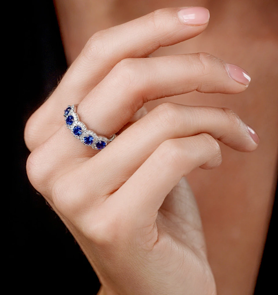 Sapphire and Diamond Halo 5 Stone Asteria Ring in 18K White Gold