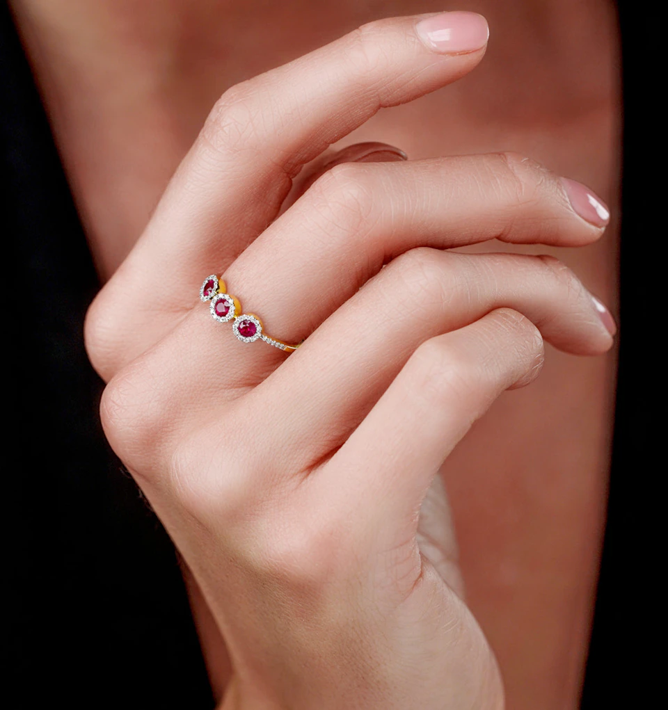Ruby and Diamond Halo Trilogy Ring 18K Gold - Asteria Collection