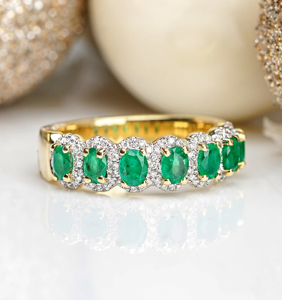 Emerald and Diamond Halo Eternity Ring 18K Gold - Asteria Collection