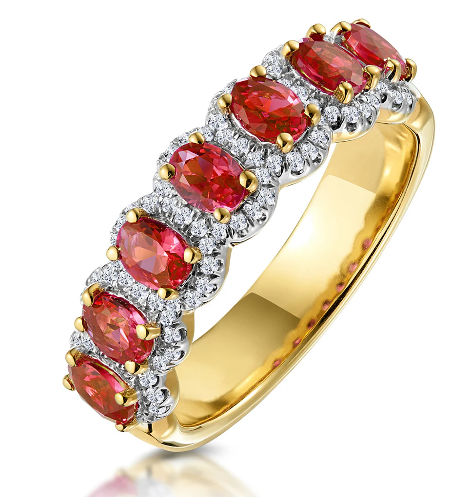 Ruby and Diamond Halo Eternity Ring in 18K Gold - Asteria Collection