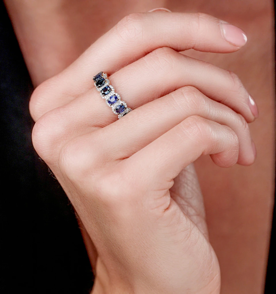 Sapphire and Diamond Halo Asteria Eternity Ring in 18KW Gold