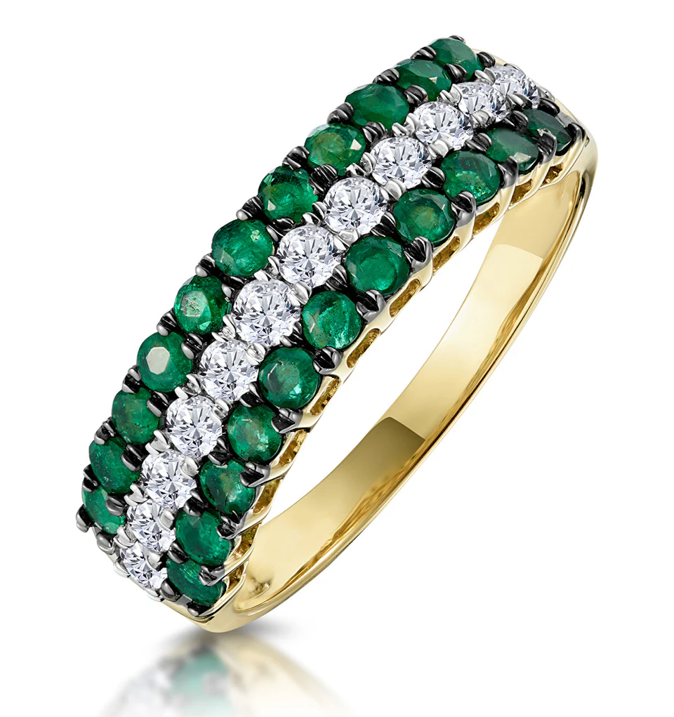 Emerald and Lab Diamond Triple Row Asteria Eternity Ring in 9K Gold