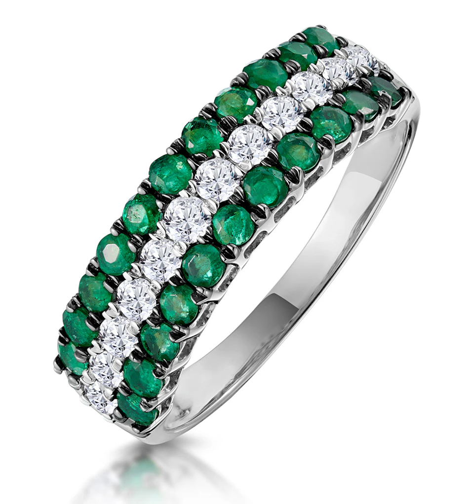Emerald and Diamond Triple Row Asteria Eternity Ring in 18K W Gold