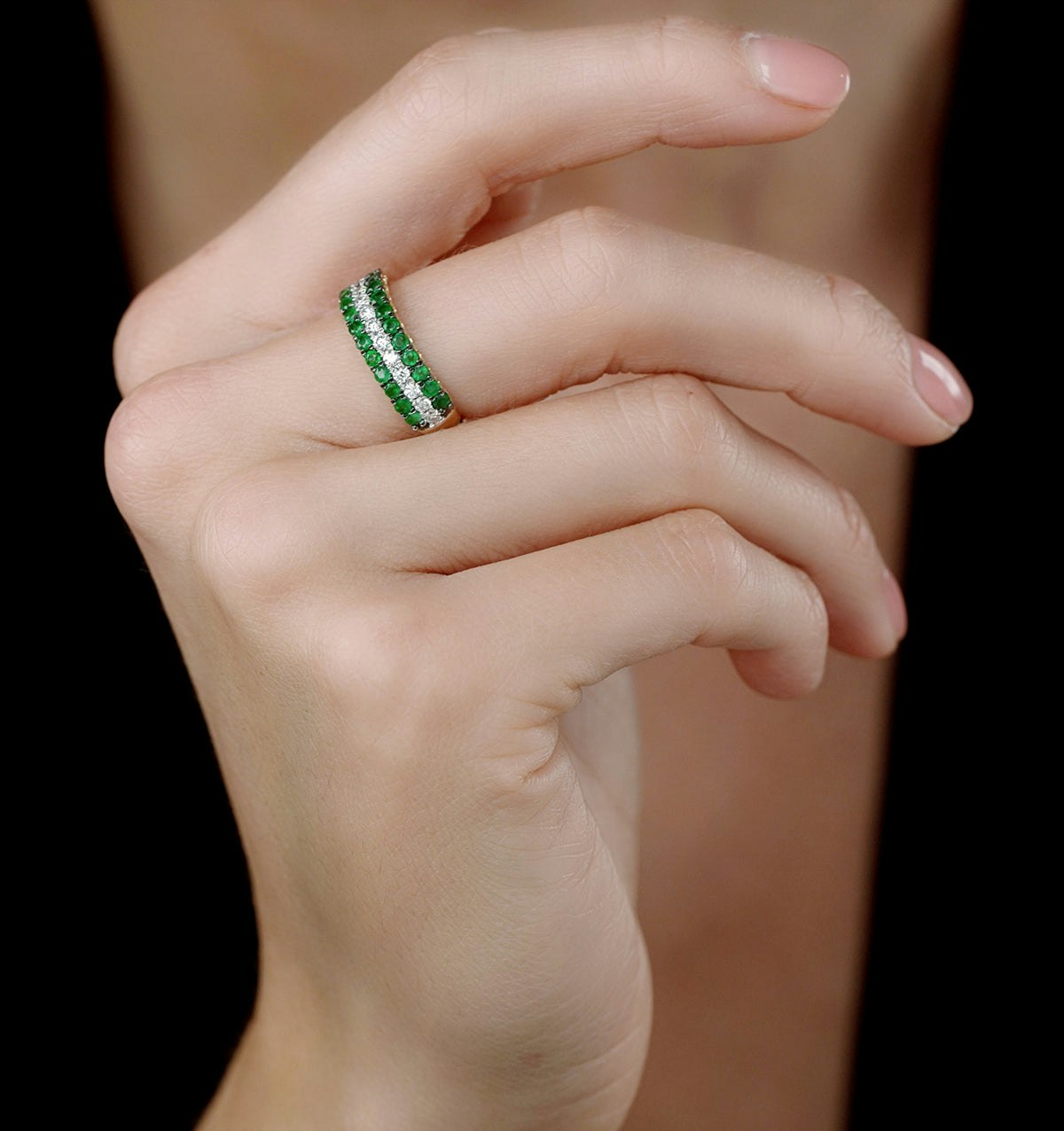 Emerald and Lab Diamond Triple Row Asteria Eternity Ring in 9K Gold
