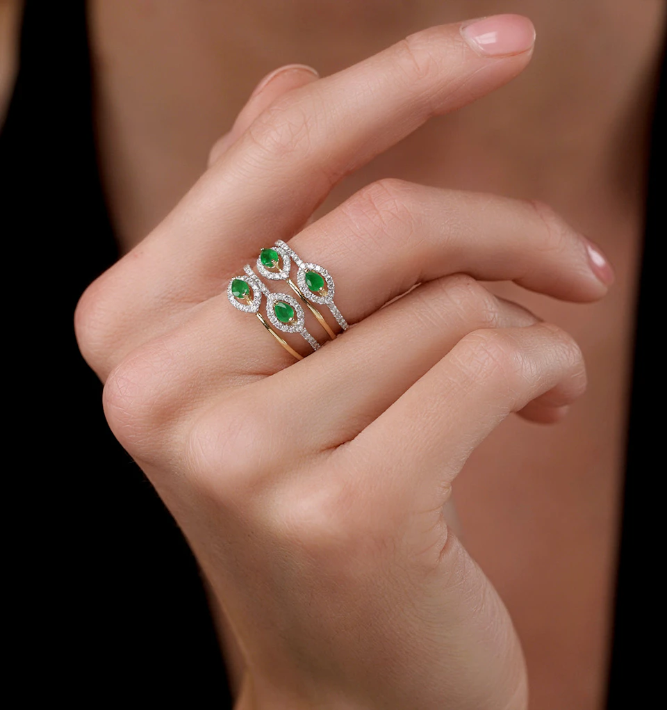 Emerald and Diamond Halo Statement Ring 18K Gold - Asteria Collection