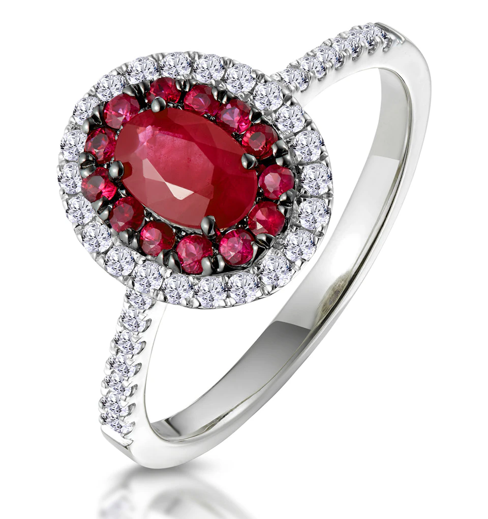 Ruby and Diamond Double Halo Ring 18K White Gold - Asteria Collection