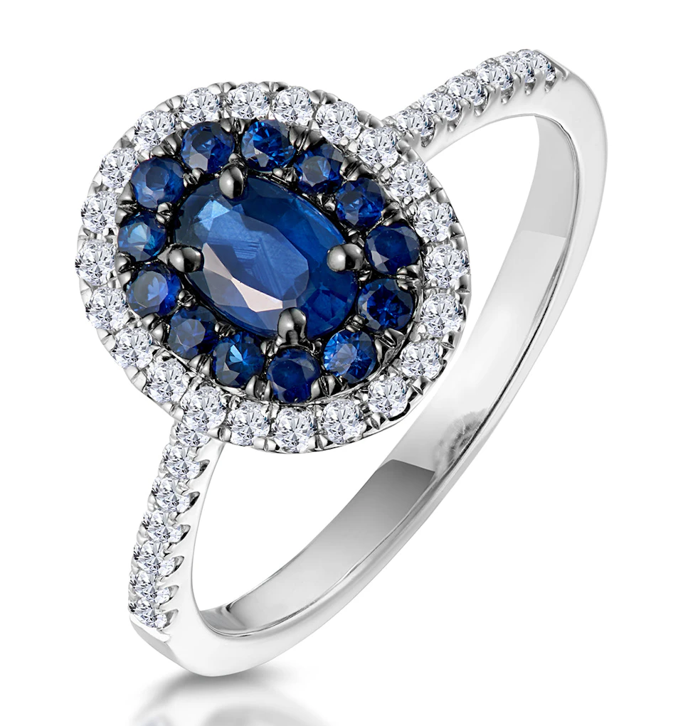 Sapphire and Diamond Double Halo Ring 18KW Gold - Asteria Collection
