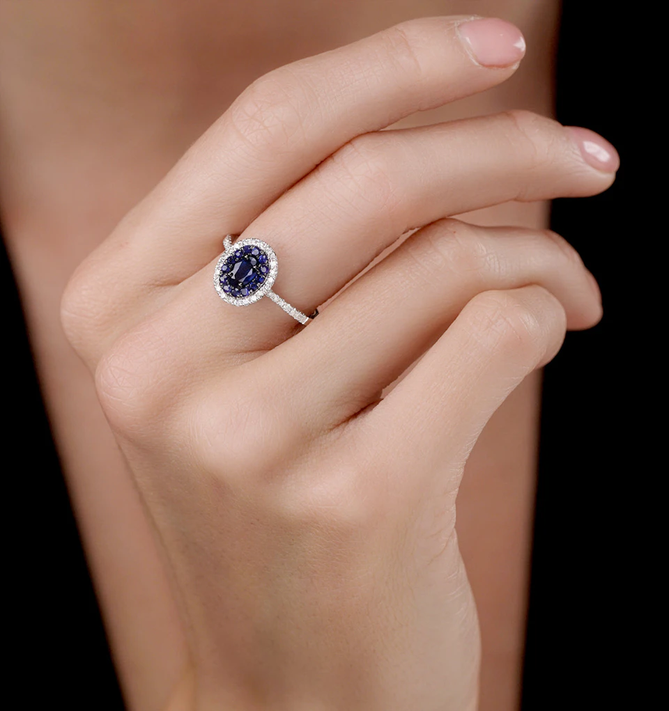 Sapphire and Lab Diamond Double Halo Ring 9KW Gold - Asteria