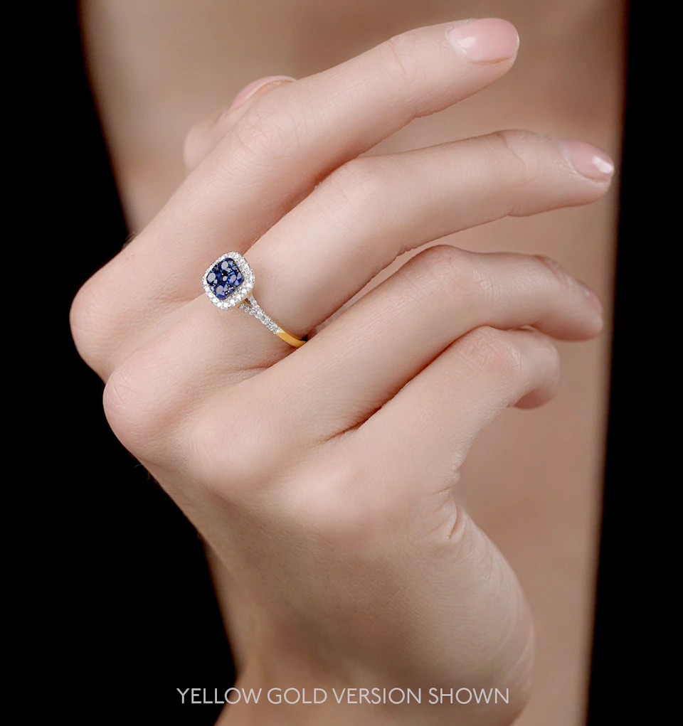 Sapphire and Lab Diamond Halo Square Ring 9KW Gold Asteria Collection