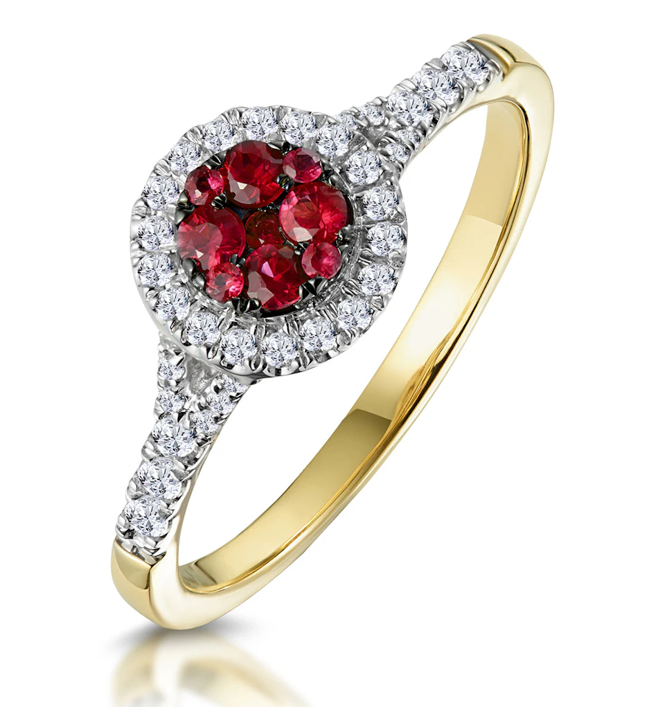 Ruby and Diamond Halo Circle Ring in 18K Gold - Asteria Collection