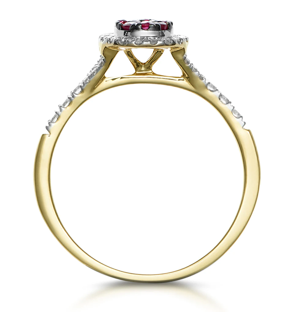 Ruby and Diamond Halo Circle Ring in 18K Gold - Asteria Collection
