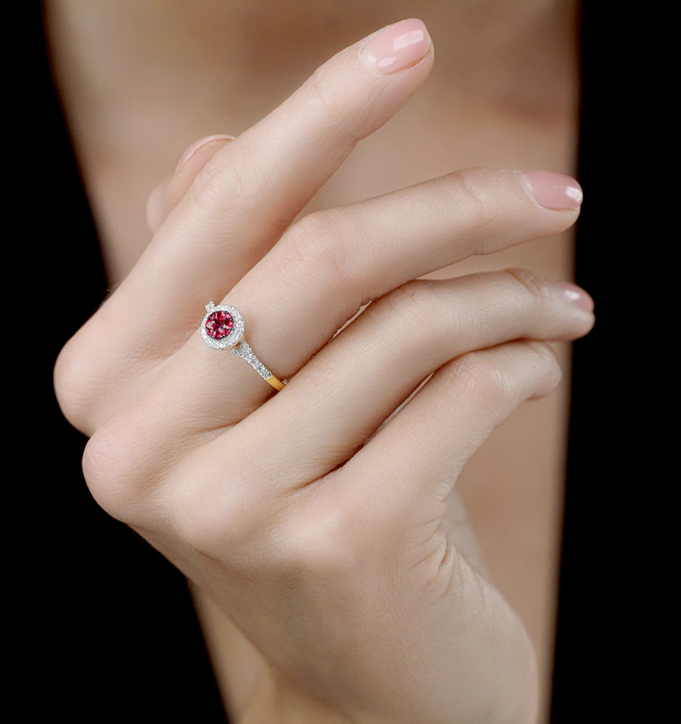 Ruby and Diamond Halo Circle Ring in 18K Gold - Asteria Collection