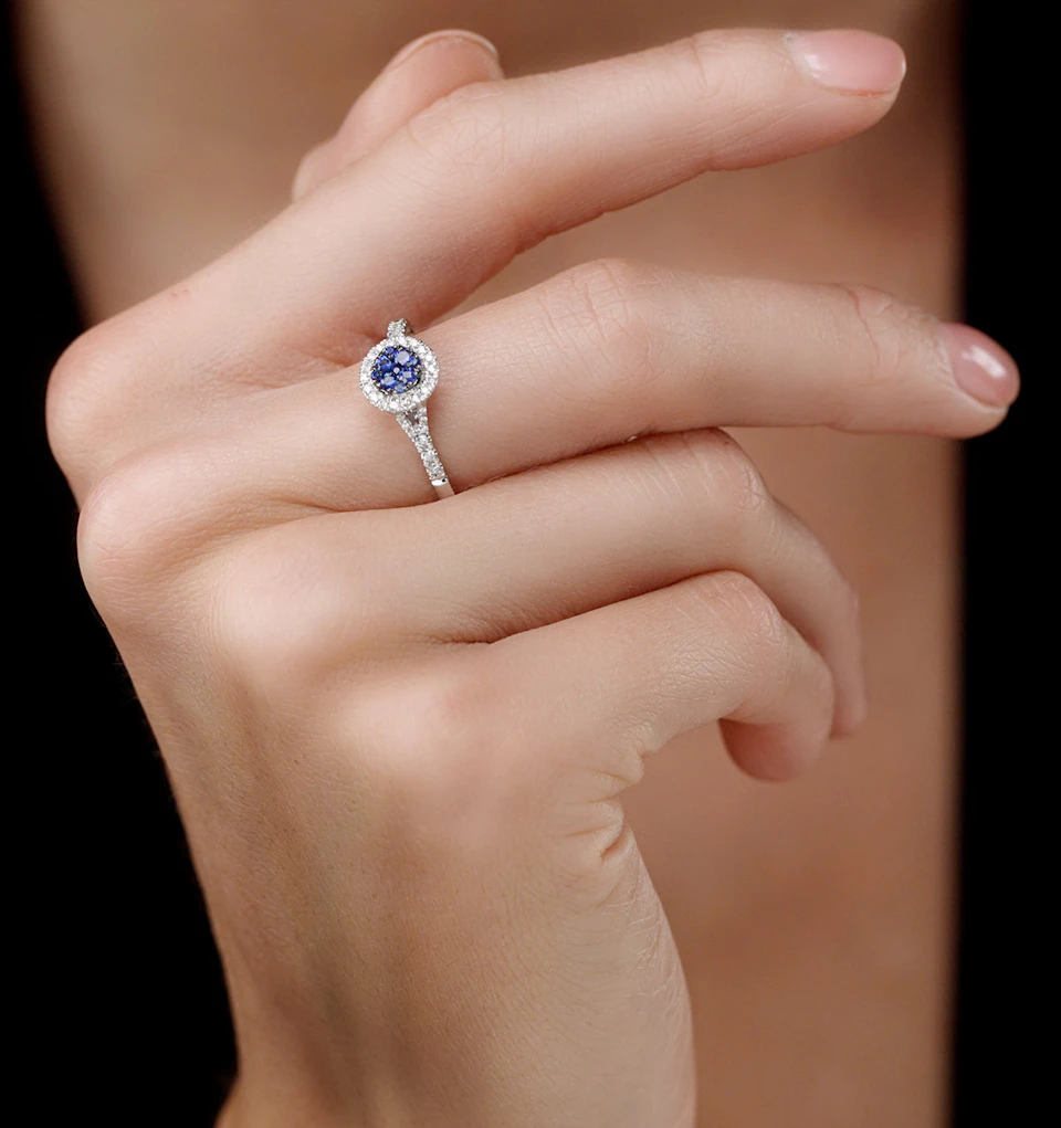 Sapphire and Lab Diamond Halo Circle Ring 9KW Gold - Asteria