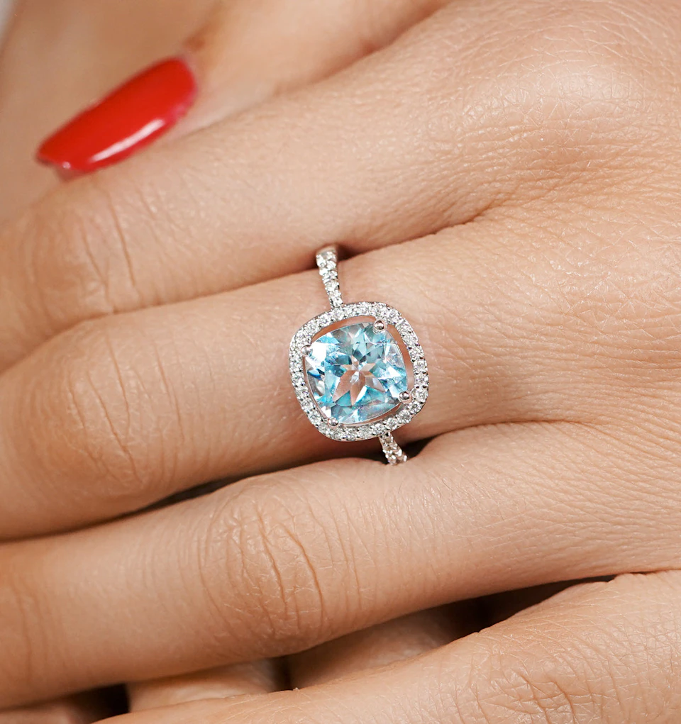 2ct Blue Topaz and Lab Diamond Shoulders Asteria Ring in 9K White Gold