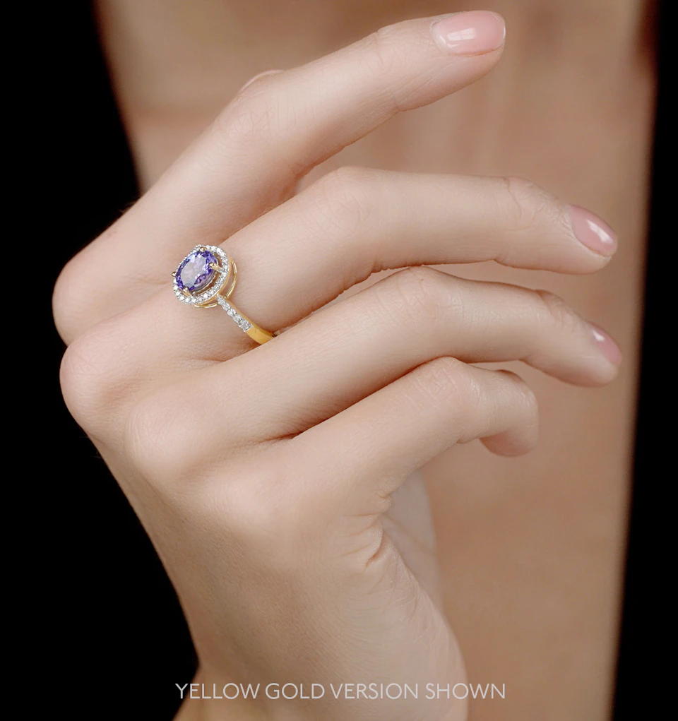 Tanzanite and Lab Diamond Oval Halo Ring in 9KW Gold - Asteria