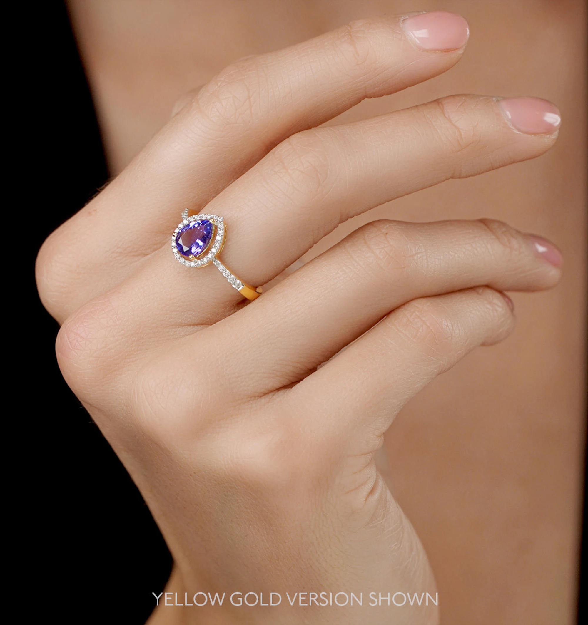 Tanzanite and Lab Diamond Pear Halo Ring in 9KW Gold - Asteria