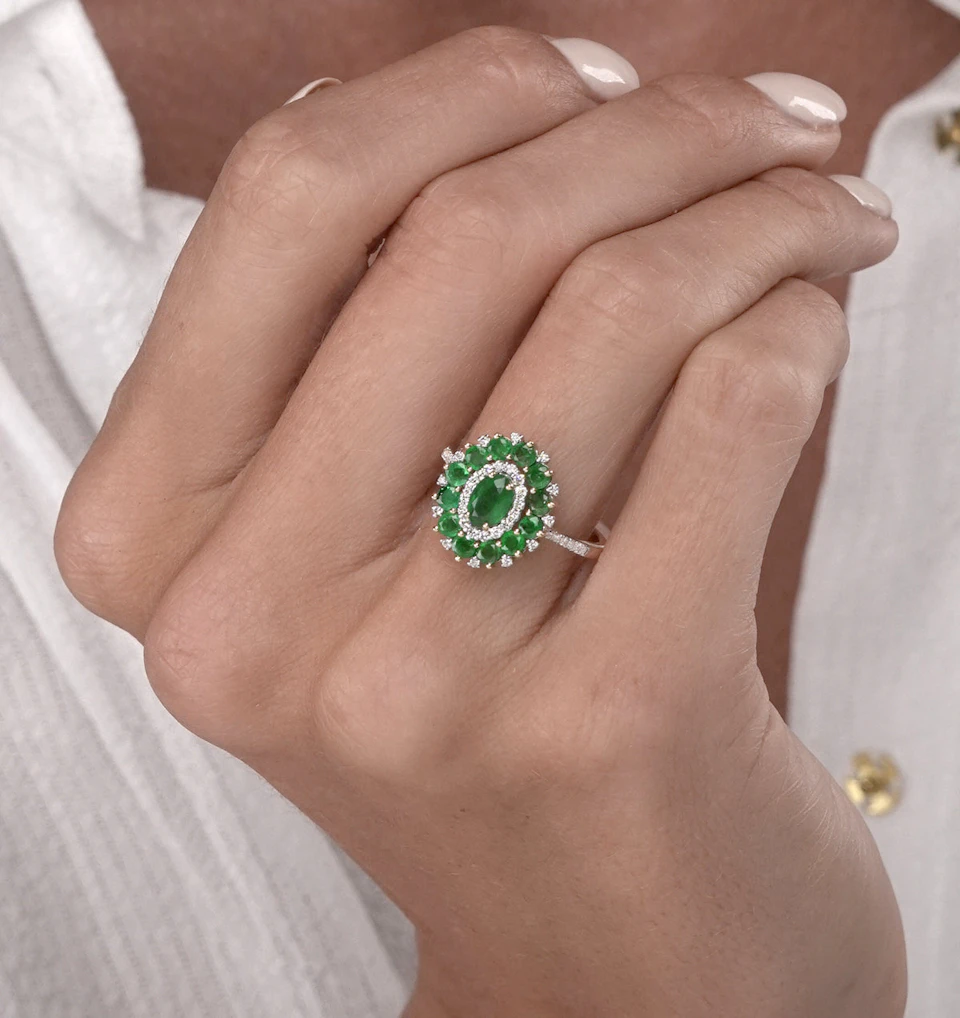 1.35ct Emerald Asteria Collection Lab Diamond Halo Ring in 9K Gold